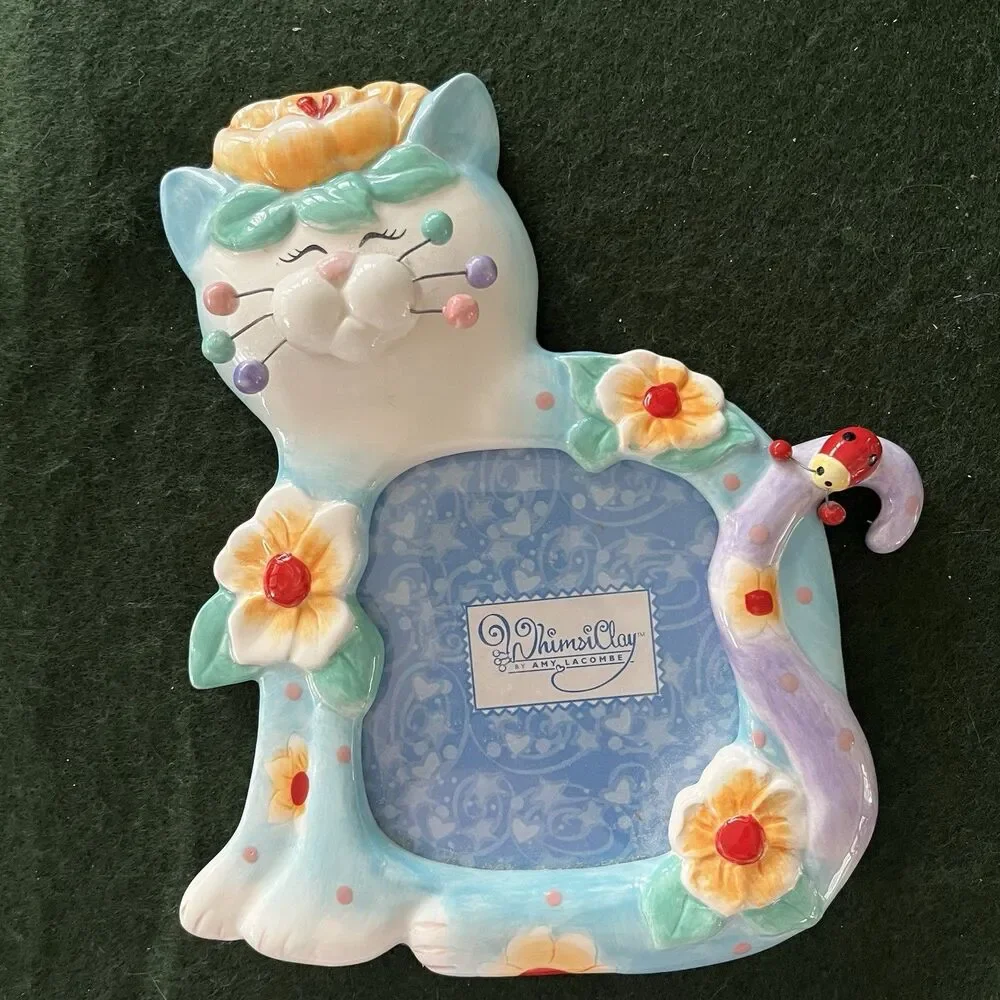 Amy Lacombe Whimsi Clay  Picture Frame Kitty Cat Aha Made you Smile 2006 Vintage